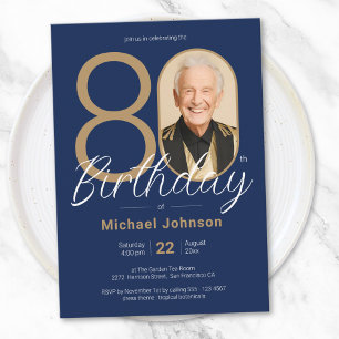 Simple Custom Photo Gold Navy Blue 80th Birthday Invitation