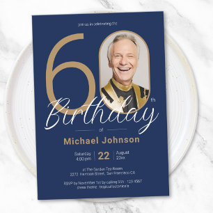 Simple Custom Photo Navy Blue 60th Birthday Invitation