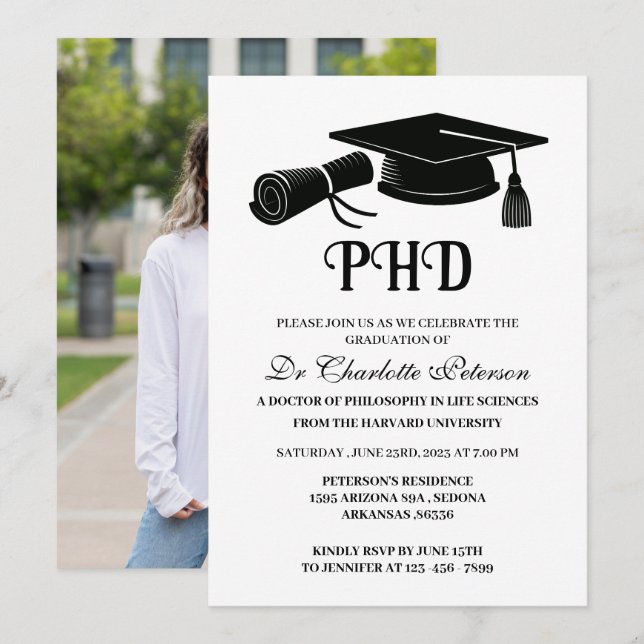 Simple Custom Photo PHD Doctoral Graduation Invitation (Front/Back)
