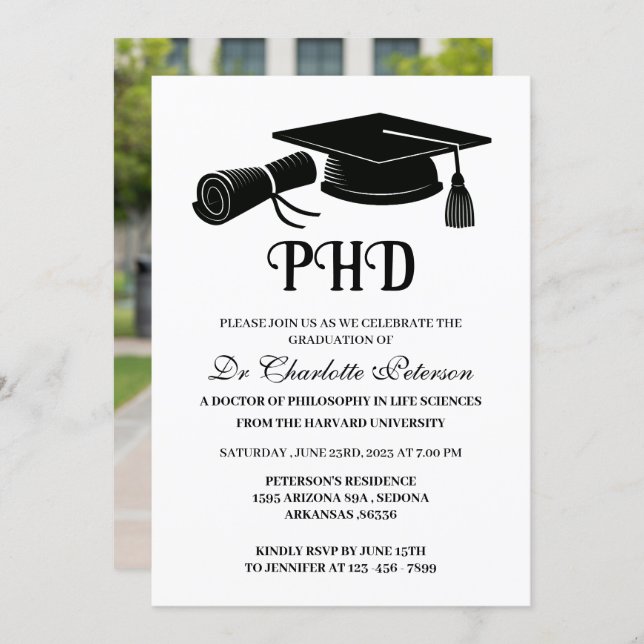 Simple Custom Photo PHD Doctoral Graduation Invitation (Front/Back)