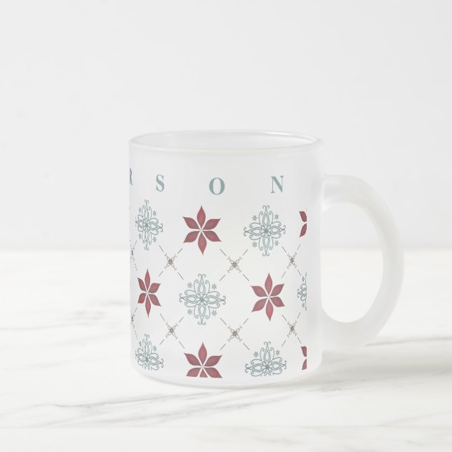 Simple Custom Red Blue Star Flourish Pattern Frosted Glass Coffee Mug (Right)