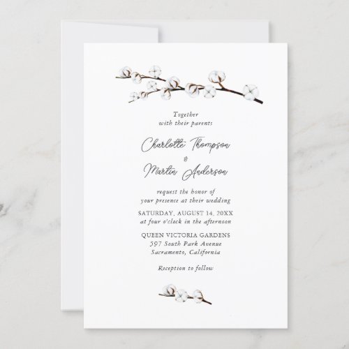 Simple Custom Rustic Watercolor Cotton Wedding Invitation