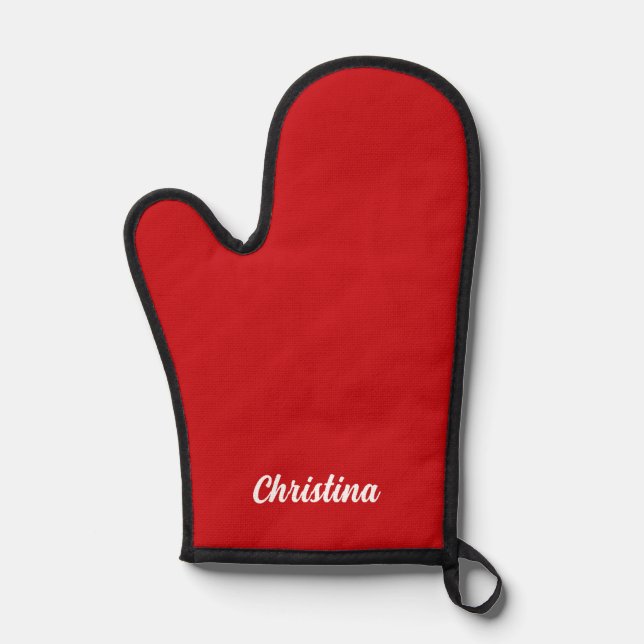 Simple, custom script monogram red oven mitt (Front)