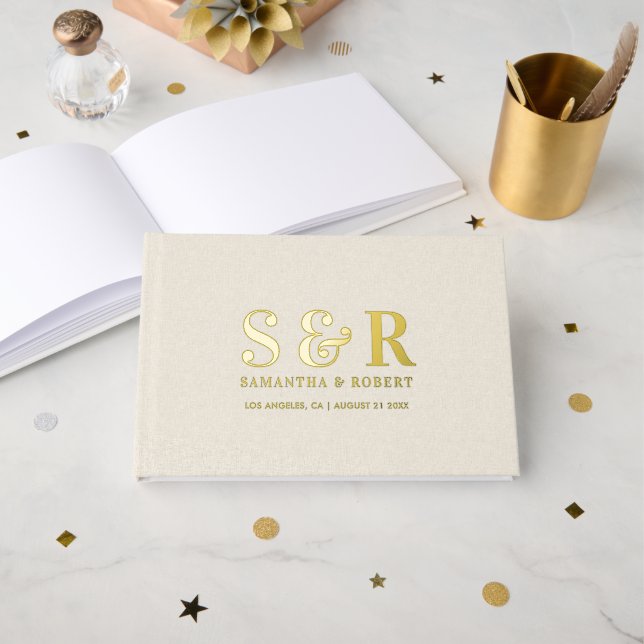 Simple Custom Typography Design Beige Linen Foil Guest Book (Front Open)