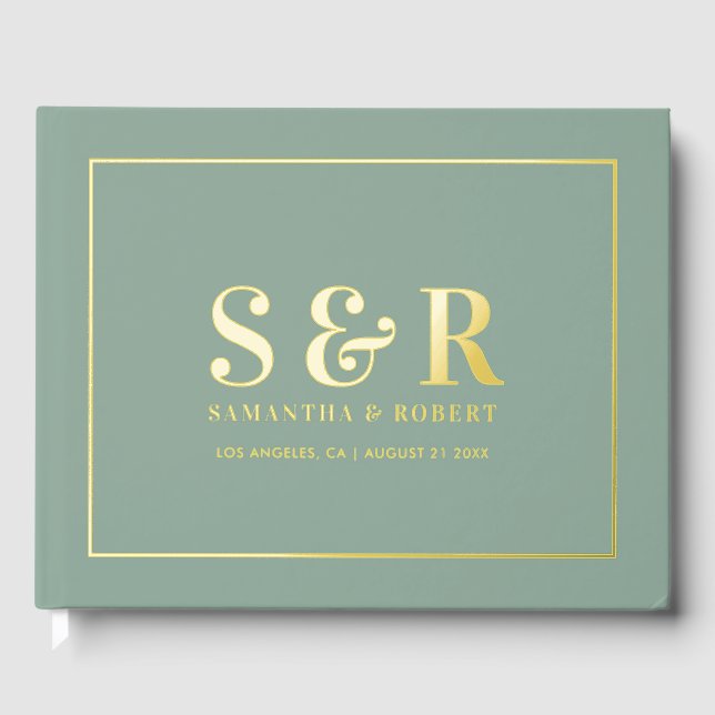 Simple Custom Typography Design On Green Foil Guest Book (Front)