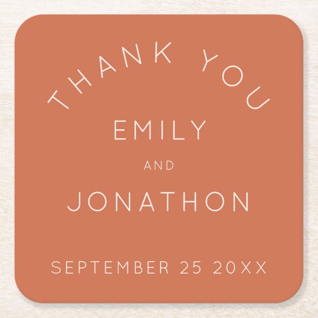 Simple Custom Wedding Terracotta Thank You favor Square Paper Coaster (Front)