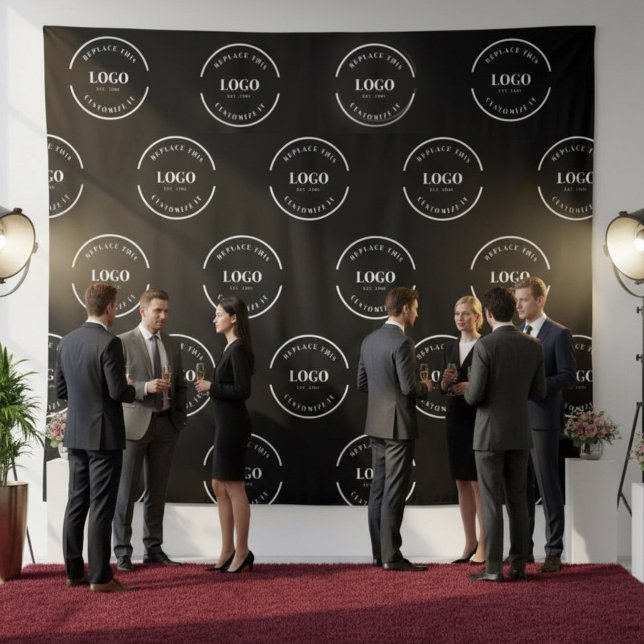Simple Custom white Logo step and repeat backdrop (Event white logo on black photo backdrop tapestry.)