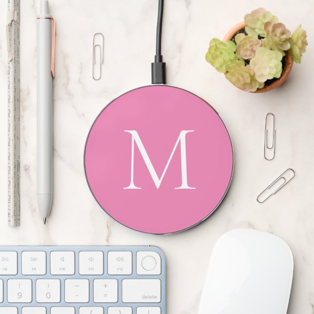 Simple custom white monogram, modern wireless charger  (Desk)