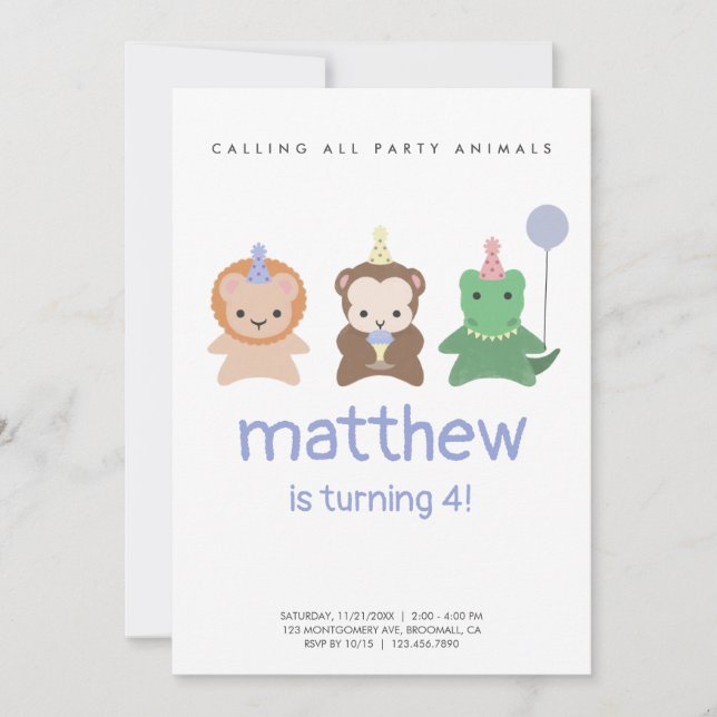 Simple Cute Animals Minimal Birthday Invitation (Front)