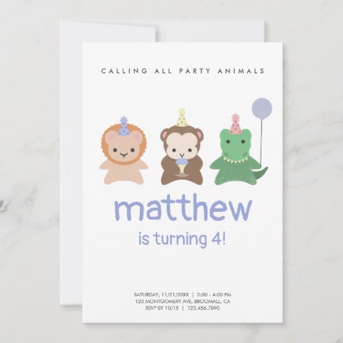 Simple Cute Animals Minimal Birthday Invitation