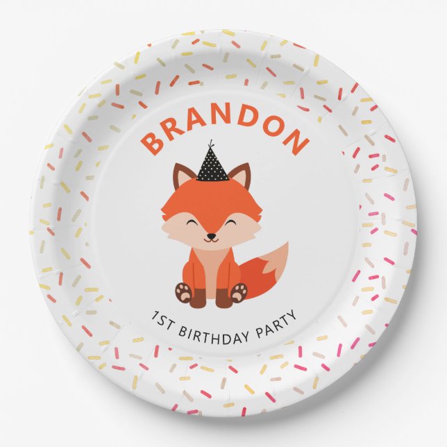 Simple Cute Baby Fox Confetti Birthday Party Paper Plates (Front)