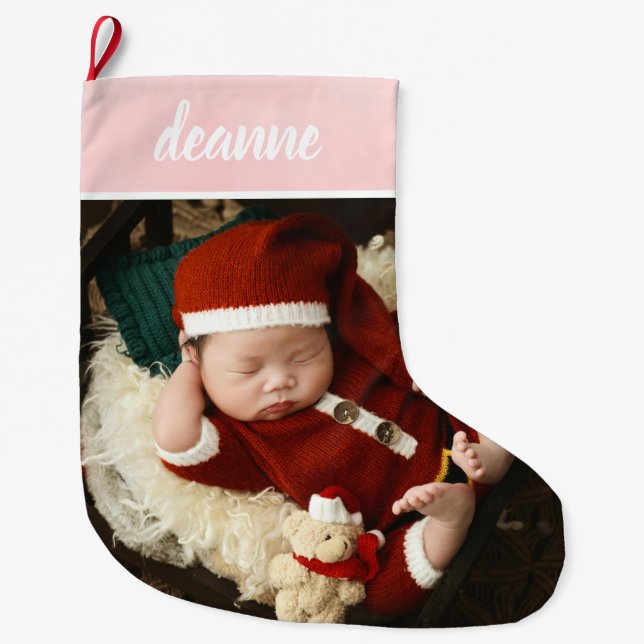 Simple Cute Baby's First Christmas 1 Photo Large Christmas Stocking (Front)