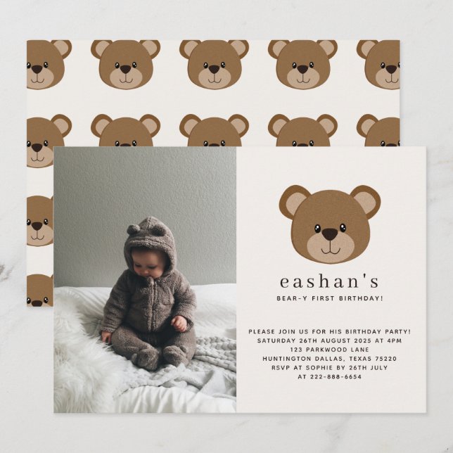 Simple Cute Bearly One Photo 1st Birthday Invitation (Front/Back)