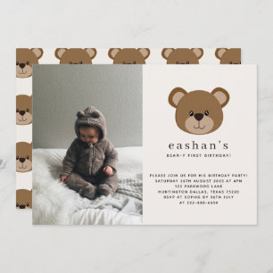 Simple Cute Bearly One Photo 1st Birthday Invitation