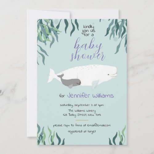 Simple Cute Beluga Whale Light Blue Baby Shower Invitation