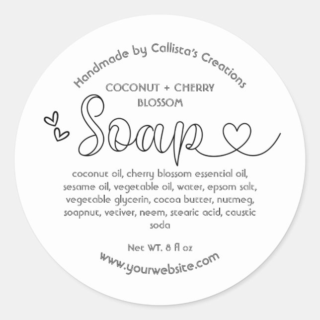 Simple Cute Black White Hearts Handmade Soap Classic Round Sticker (Front)