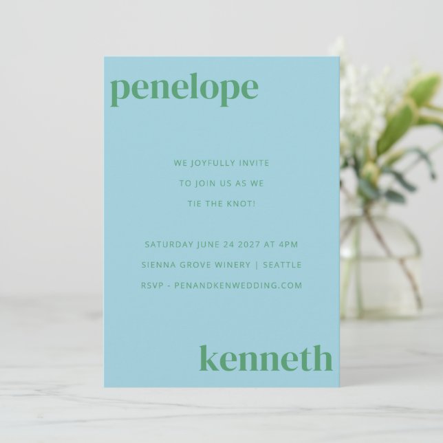 Simple Cute Blue Green Modern Wedding All In One Invitation (Standing Front)