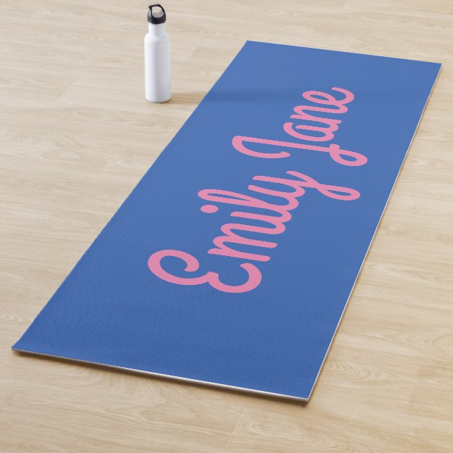 Simple Cute Blue Pink Script Personalized Name Yoga Mat (In Situ)