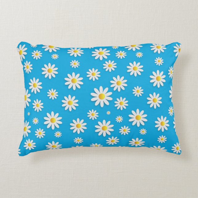 Simple Cute Blue with White Daisy Floral Pattern Accent Pillow (Front)
