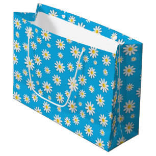 Simple Cute Blue with White Daisy Floral Pattern Large Gift Bag