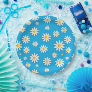 Simple Cute Blue with White Daisy Floral Pattern Paper Plates