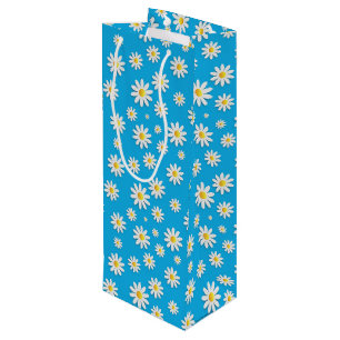Simple Cute Blue with White Daisy Floral Pattern Wine Gift Bag