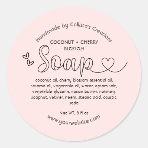 Simple Cute Blush Pink Black Hearts Handmade Soap Classic Round Sticker