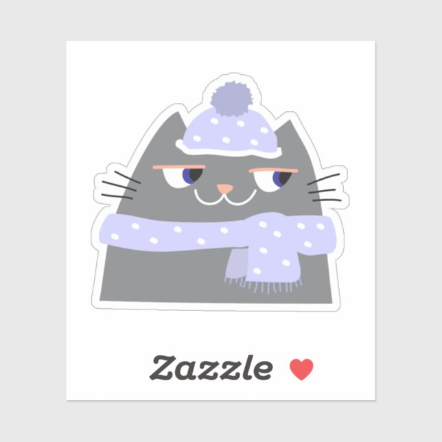 Simple Cute Cartoon Winter Cat with Cap and Scarf Sticker (Sheet)