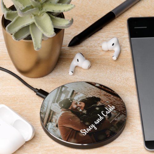 Simple Cute Chalk Script Couple Photo Modern Wireless Charger