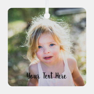 Simple Cute Christmas Photo and Script Text Metal Ornament