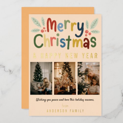 Simple Cute Colorful Merry Christmas Family Photo Foil Holiday Card