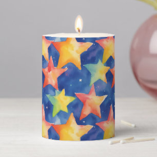 Simple Cute Colorful Stars Blue Sky Watercolor  Pillar Candle