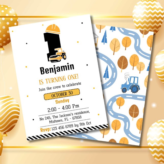 Simple cute construction truck kids 1st birthday invitation (Creator Uploaded)