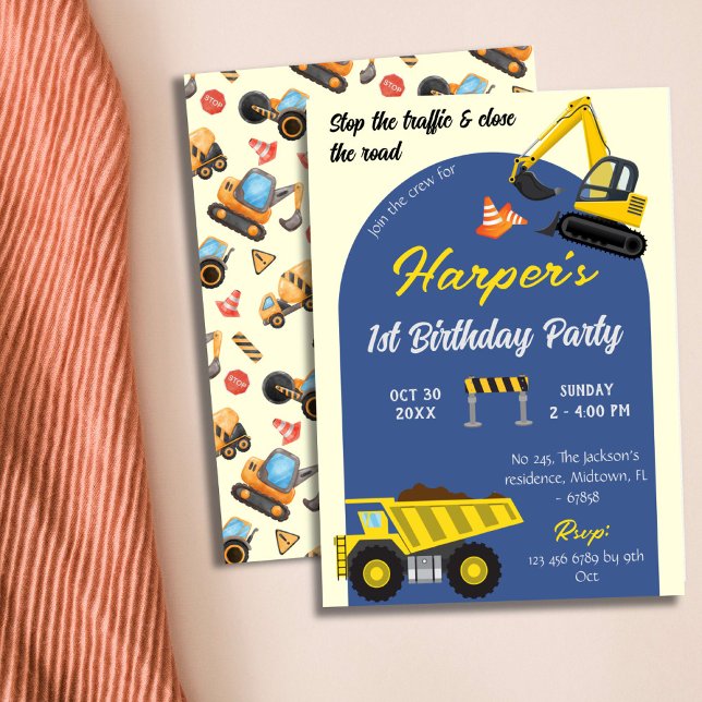 Simple cute construction truck kids 1st birthday  invitation (Creator Uploaded)