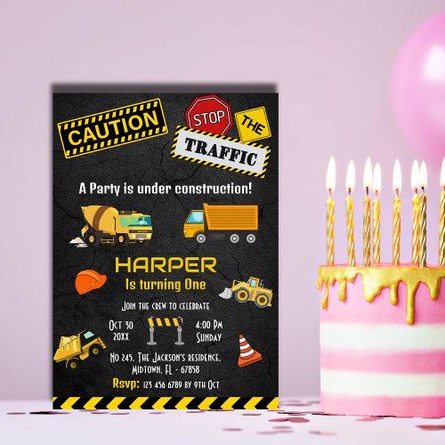 Simple cute construction truck kids 1st birthday  invitation