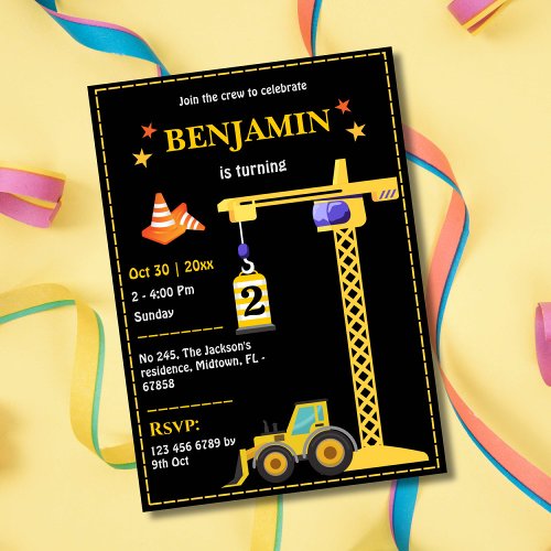 Simple cute construction truck kids 2nd birthday invitation