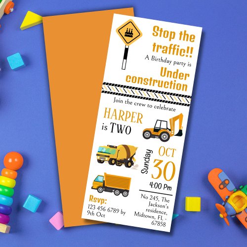 Simple  cute construction truck kids 2nd birthday invitation