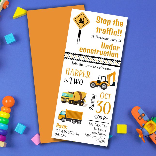 Simple  cute construction truck kids 2nd birthday invitation (Creator Uploaded)