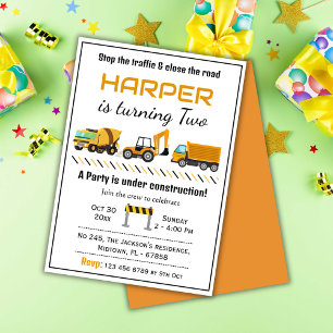 Simple cute construction truck kids 2nd birthday invitation