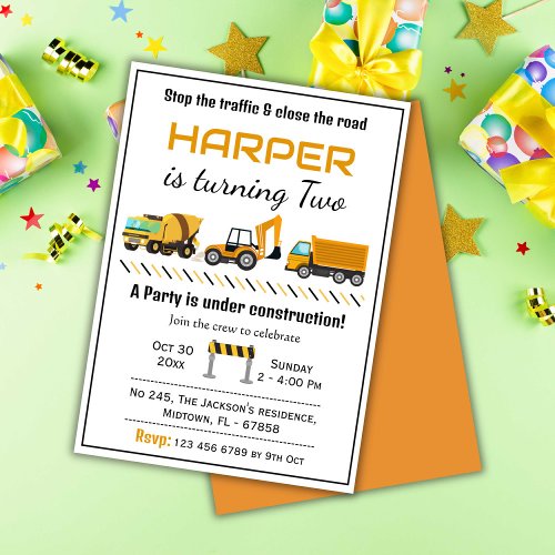 Simple cute construction truck kids 2nd birthday invitation