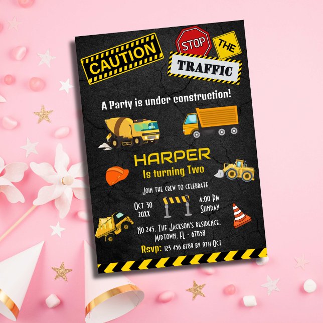 Simple cute construction truck kids 2nd birthday  invitation (Creator Uploaded)