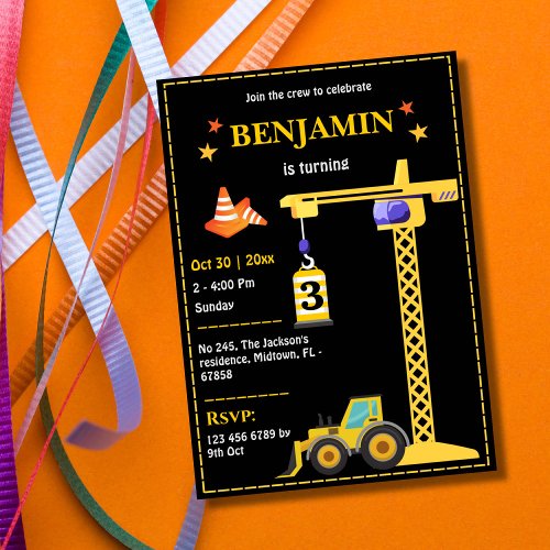 Simple cute construction truck kids 3rd birthday  invitation