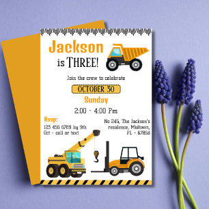 Simple cute construction truck kids 3rd birthday invitation