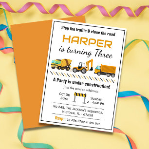Simple cute construction truck kids 3rd birthday invitation
