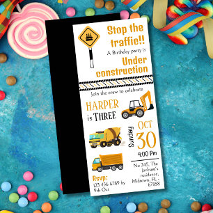 Simple cute construction truck kids 3rd birthday invitation