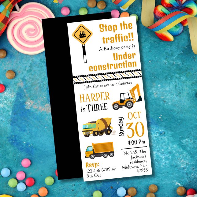 Simple  cute construction truck kids 3rd birthday invitation (Creator Uploaded)
