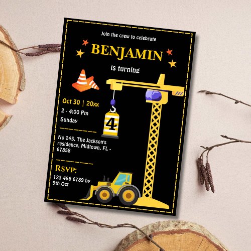 Simple cute construction truck kids 4th birthday invitation