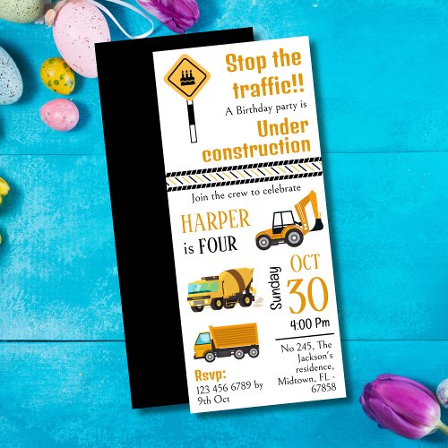 Simple  cute construction truck kids 4th birthday invitation