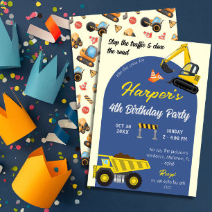 Simple cute construction truck kids 4th birthday invitation