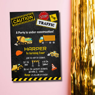 Simple cute construction truck kids 4th birthday invitation